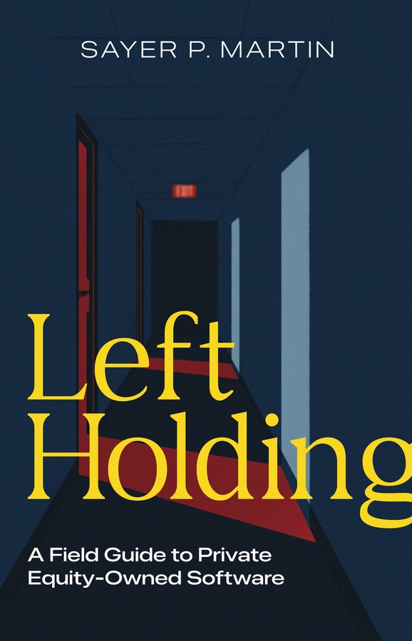 Front cover of Left Holding: an empty office corridor with a red EXIT sign, the title set in gold serif type